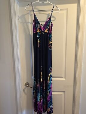 Angela Women’s Navy Maxi Dress with Purple & Teal Paisley Print